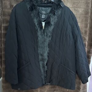Dennis Basso Black Quilted Puffer Coat with Faux Fur Trim